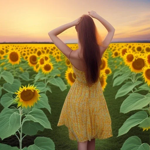 woman standing in sunflower field, back view, wind, long brown hair, yellow dress