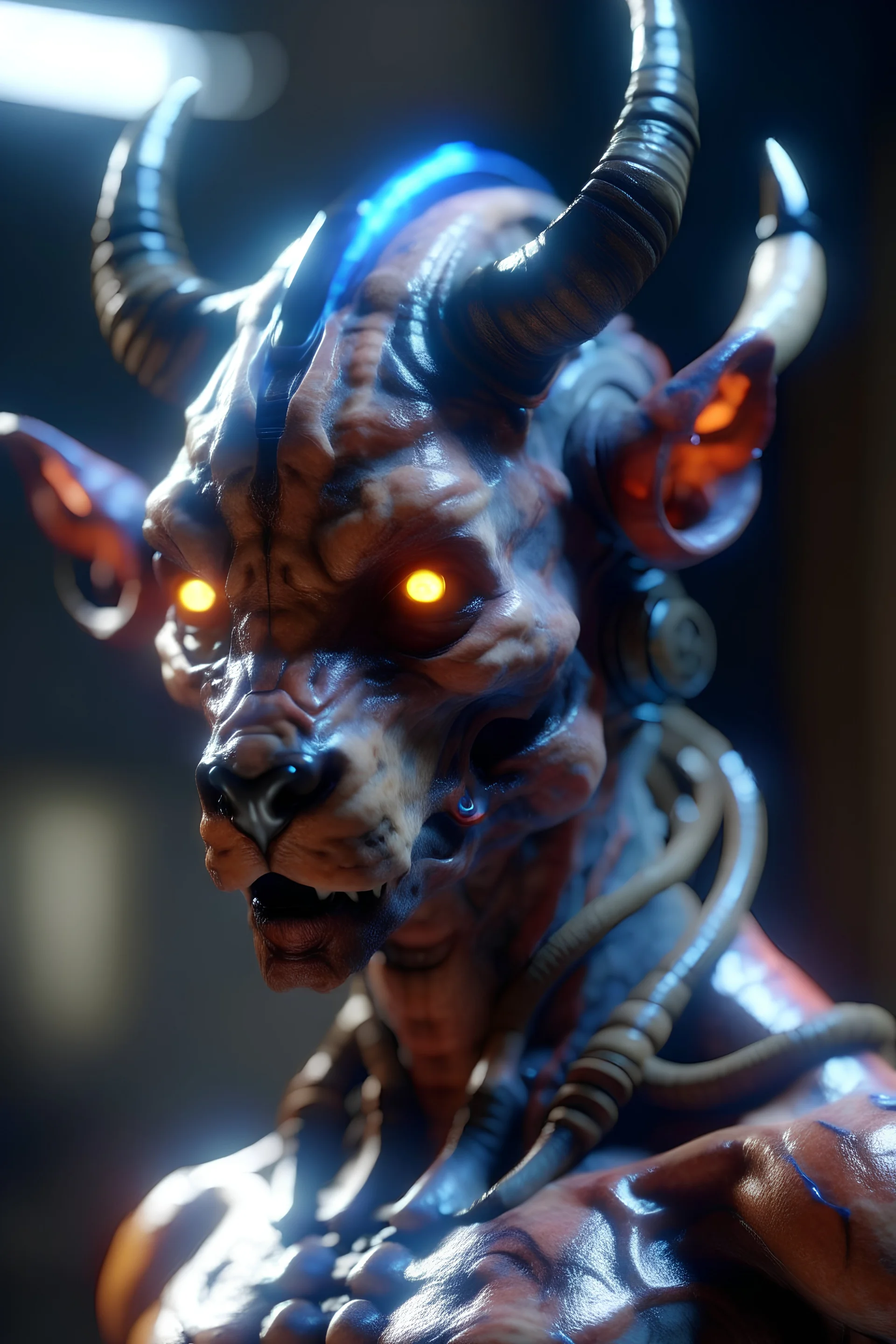 Tiger alien with horns humanoid hybrid,8k, high detail, smooth render, unreal engine 5, cinema 4d, HDR, dust effect, vivid colors