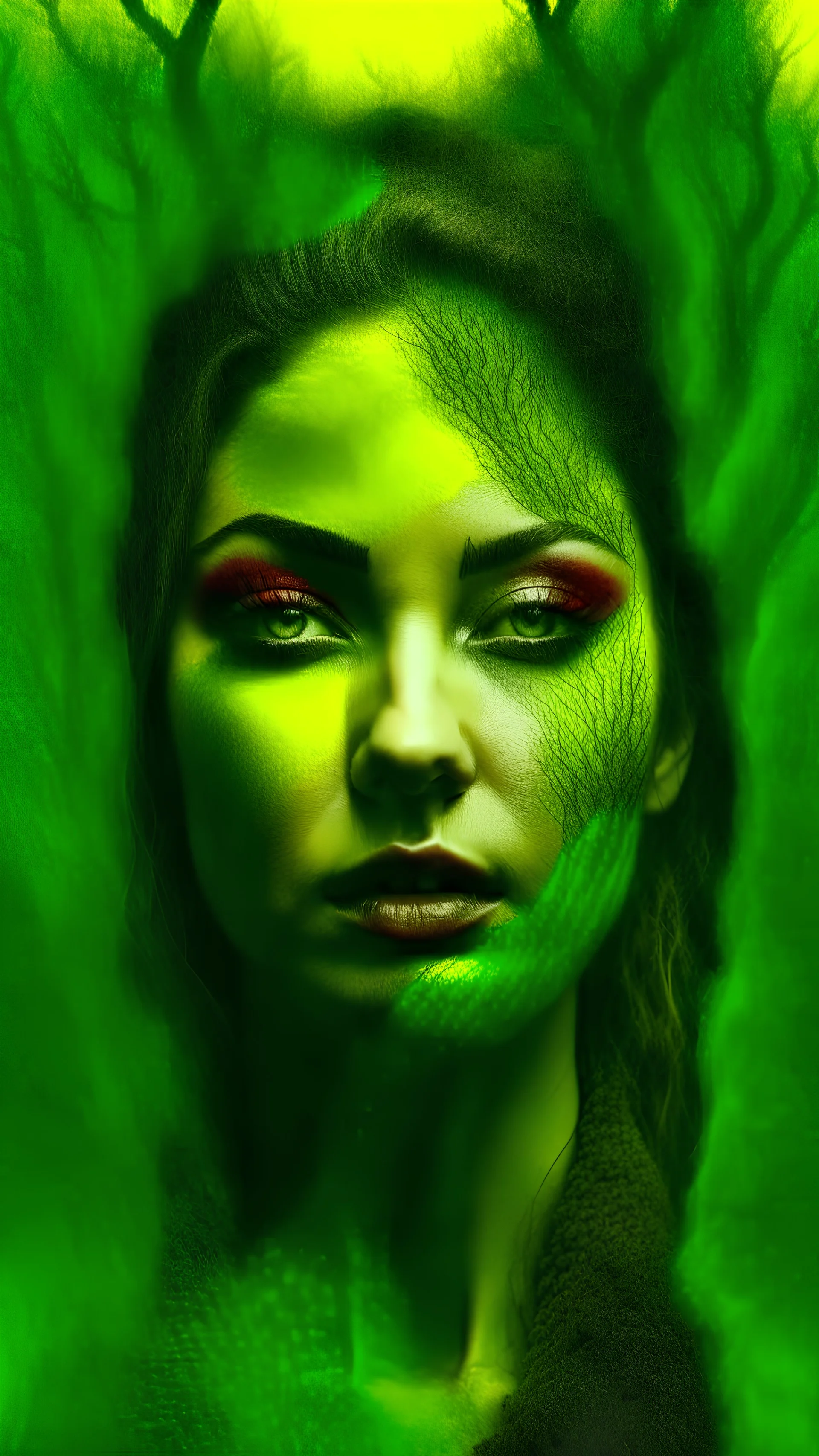 planet as beautiful woman, front facing , roots texture on face, very smooth colors, high contrast, Bordeaux and forest green and yellow, fog