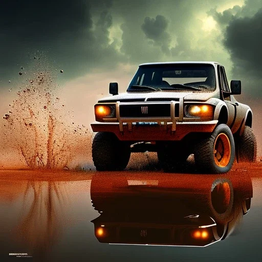 hyperrealistic shot, off-road truck, earth color palette, sharp focus, puddle reflection, tire water splash, refraction, lightning on the horizon, shadowcast, detailed and intricate, cinematic composition, micro, tilt shift photography