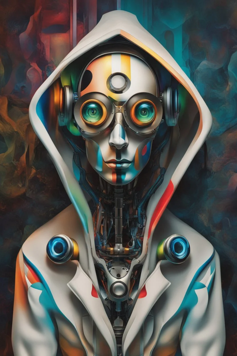 Salvador Dalí style. Colorido. Whole body. Masterpiece of a hooded killer Cyborg, his eyes are intense, contrasting colors. Fondo ciudad