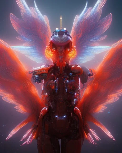 A beautiful portrait of a cyborg phenix bird ,fire on wings, high key lighting, volumetric light ,high details ,psychedelic background