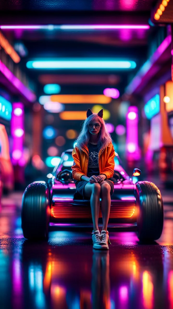 fast fashion wolf and dragster woman sitting on a hipster car parked in dark neon lit reflective wet arcade hall tunnel,bokeh like f/0.8, tilt-shift lens 8k, high detail, smooth render, down-light, unreal engine, prize winning