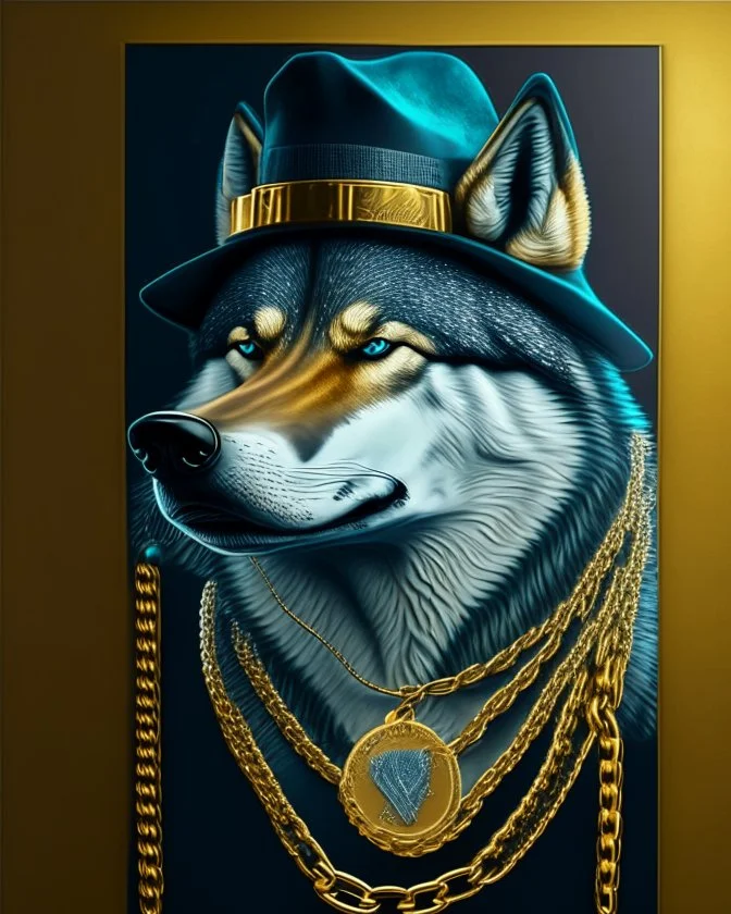NFP style wolf with gold chains of whale as pendant and in the suite with a hat. one colour background