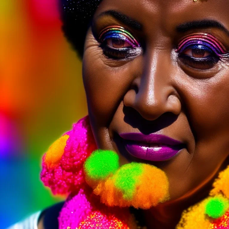 masterpiece, best quality, old woman, dark skinned, sparkling eyes, fluorescent skin, colorful makeup, afro, head shot, highly detailed body, sun light, 4K, RAW, depth of field, high contrast, realistic details, 24mm