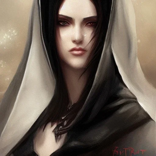 a _ fantasy _ style _ portrait _ painting _ of beautiful white female black silky hair short head smirk round face hood robe rpg dnd oil _ painting _ unreal _ 5 _ daz. _ rpg _ portrait _ extremely _ detailed _ artgerm _ greg _ rutkowski _ greg