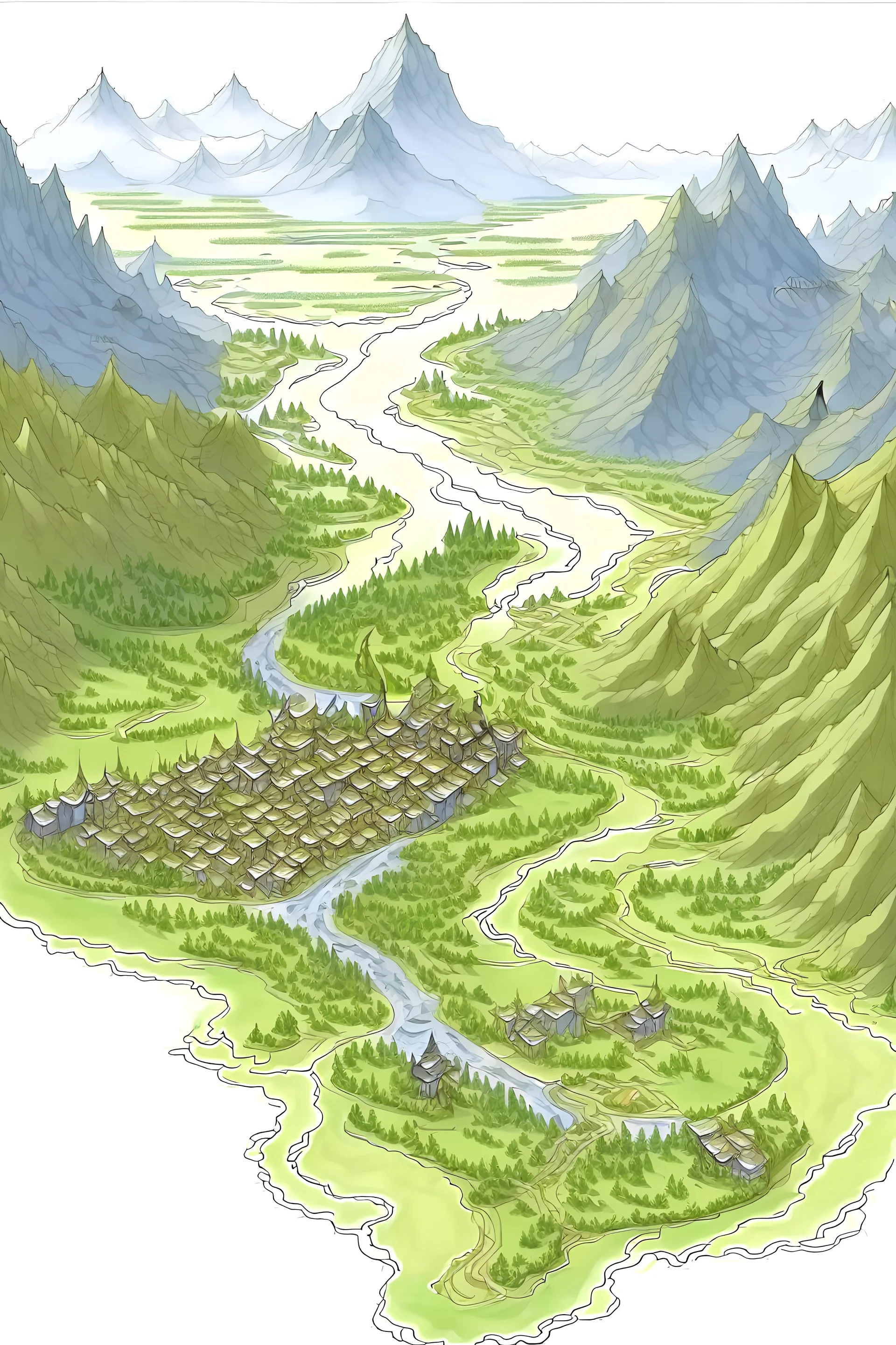 карты фентезийной местности города Арберанг, свергу город Твердоград, снизу горы, слева река идущая к морю на север