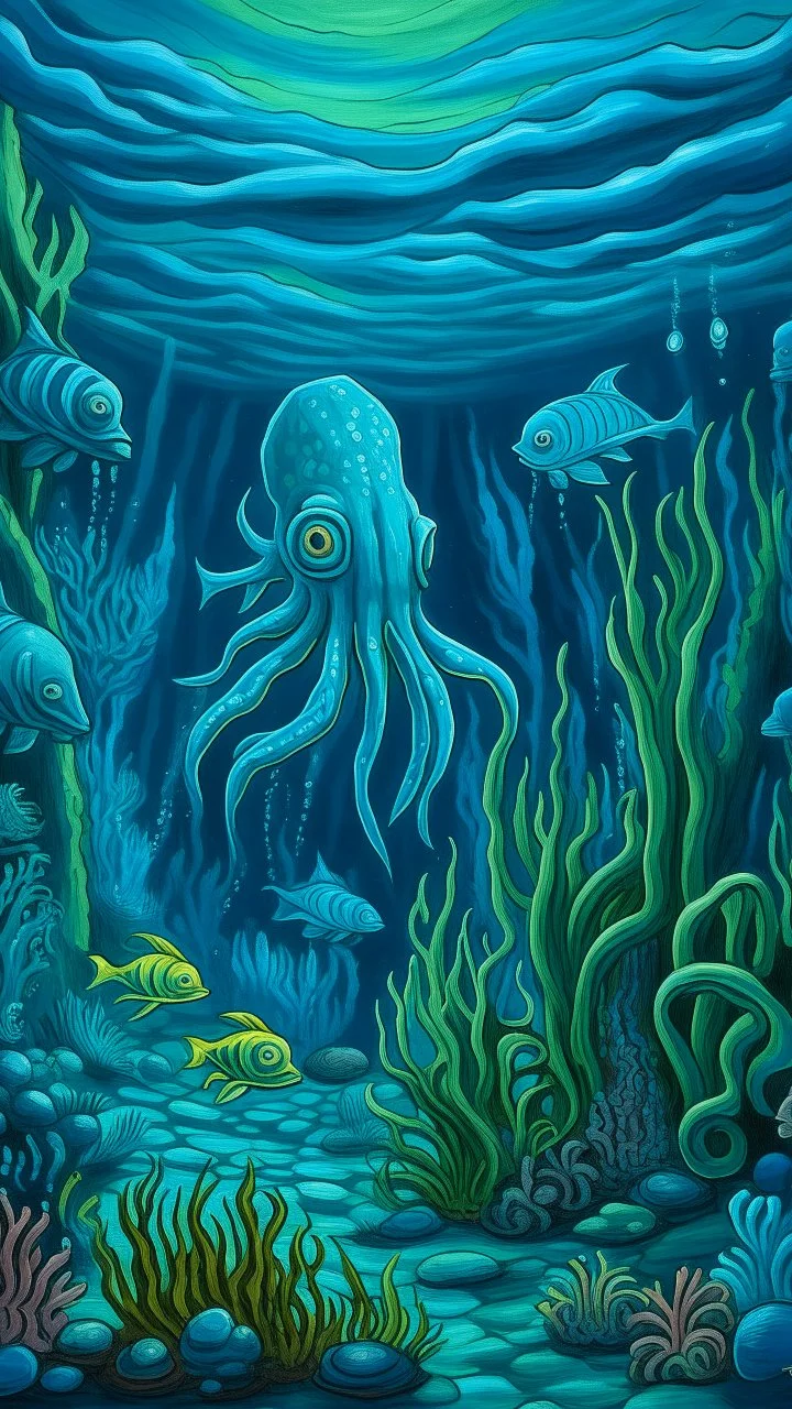 A blue underwater reef with a squid and Hawaiian tikis painted by Vincent van Gogh