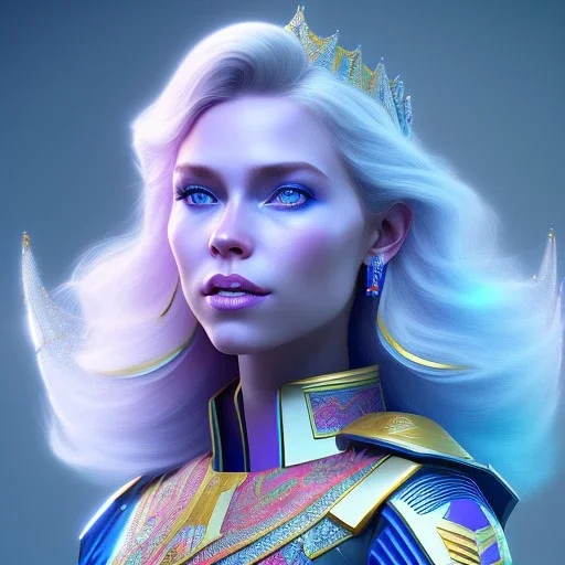 A portrait of a full body crystalised blue pink queen,smiling face, blue eyes, long blond hair, atmospheric, realistic, unreal engine, lighting