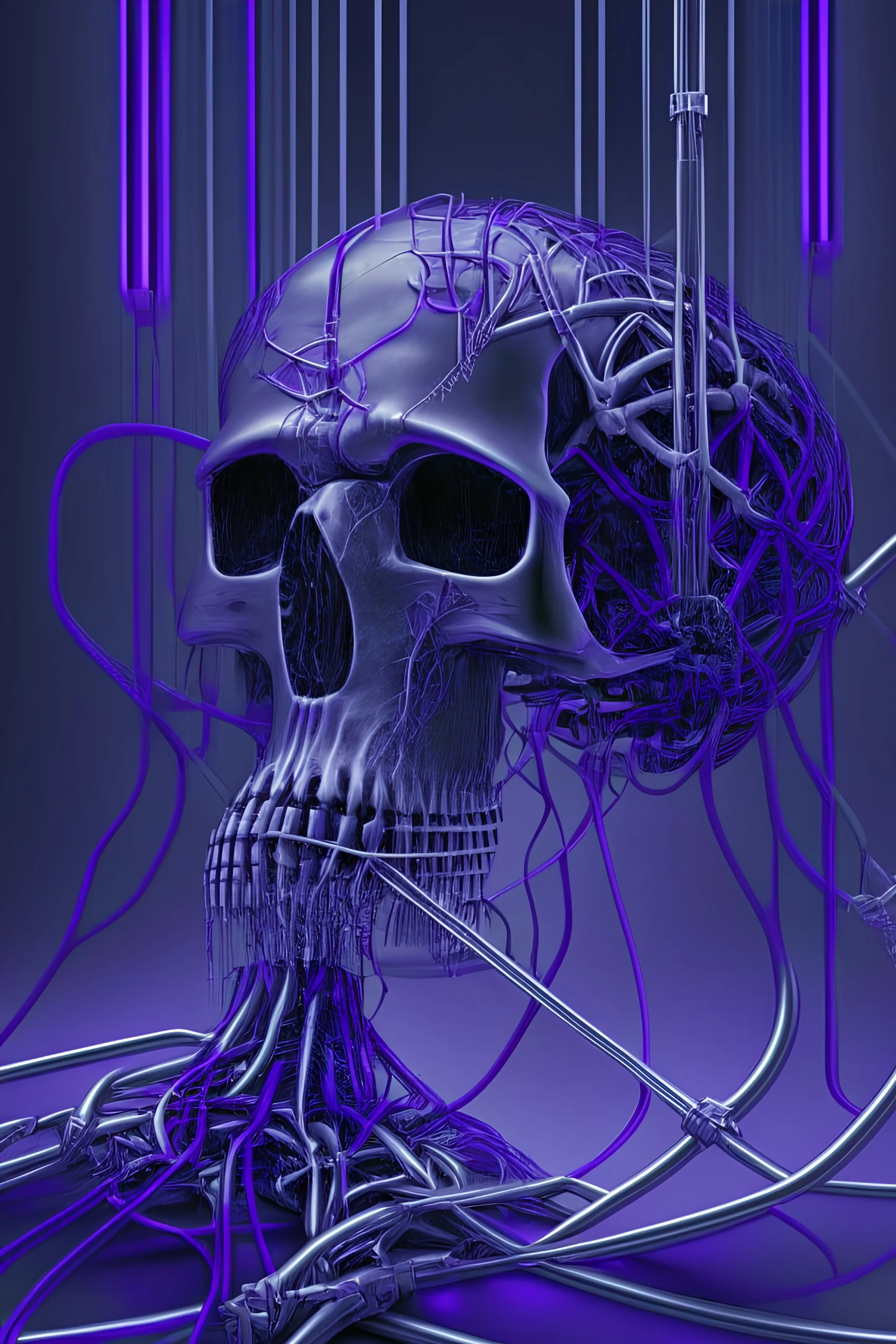 dark and shinny purple human skull and spine stretch out horizontally connected with wires and silver rods to a mercury pool beneath