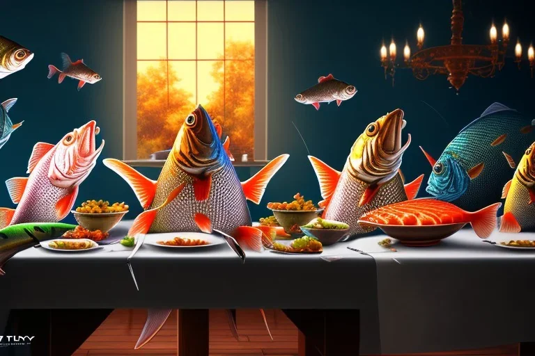 supper, fish sit at the table and eat pieces of people.