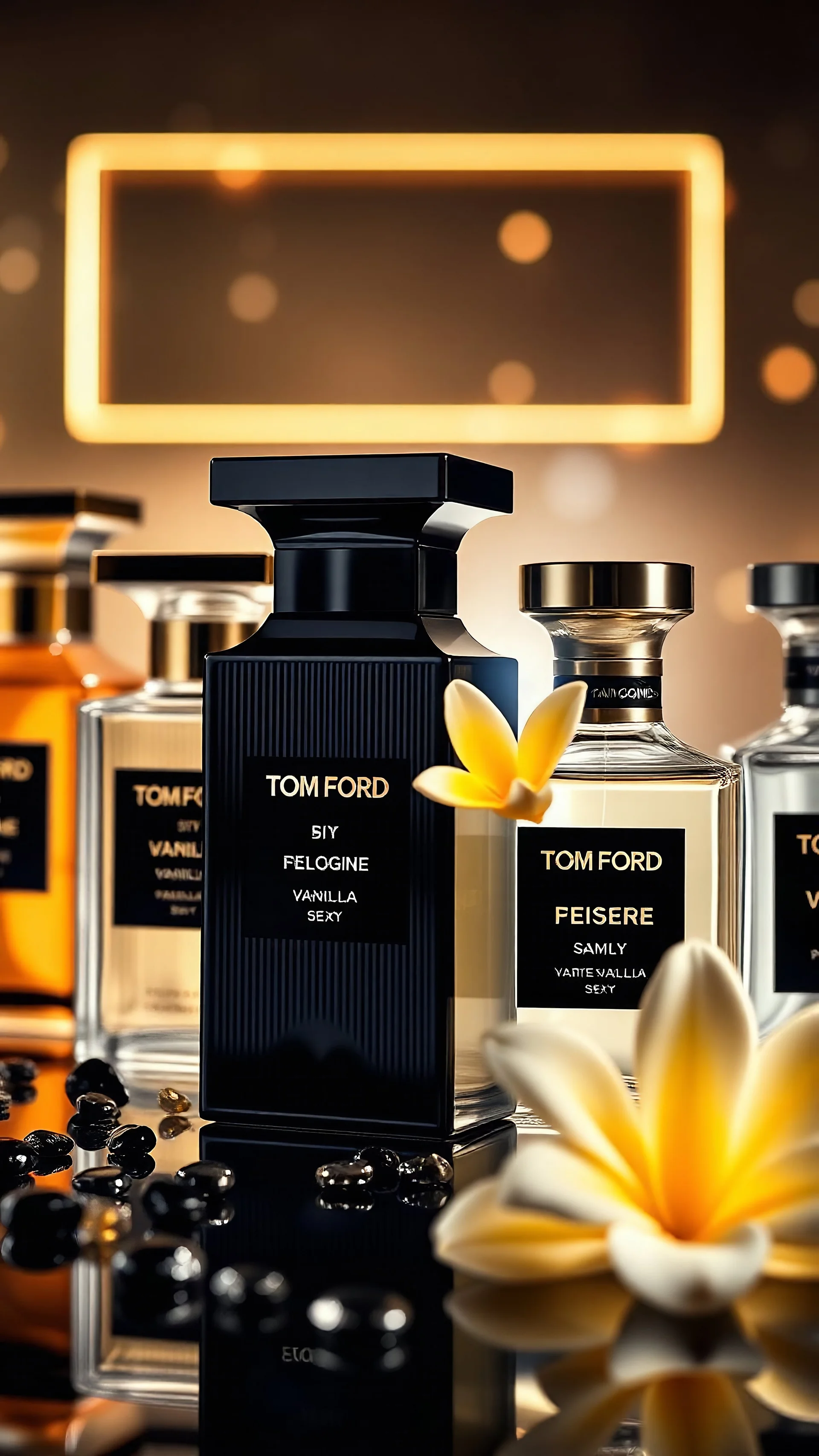 A professionally designed image of a variety of Tom Ford brand colognes in an attractive and special background and the elements used in making colognes and Tomford Vanilla Sexy in the center with light and water.