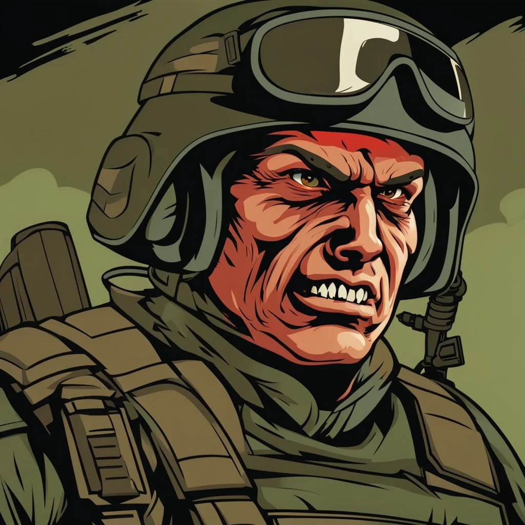 portrait of a 50 year old evil soldier. sneering expression, dark short hair,