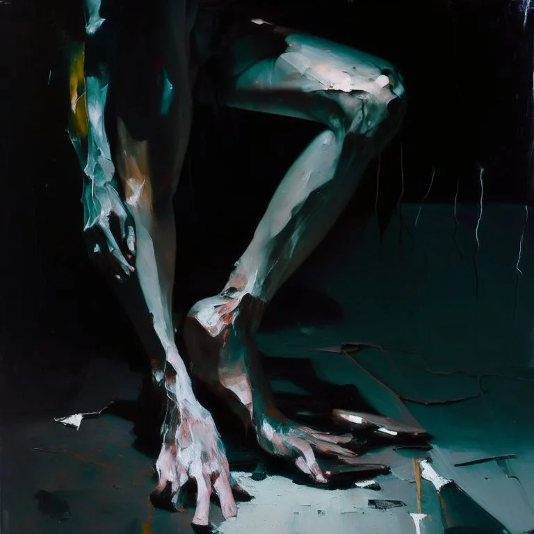 Minimal abstract oil paintings close up person limbs sinew and concrete fragments illuminated at night style of Justin Mortimer