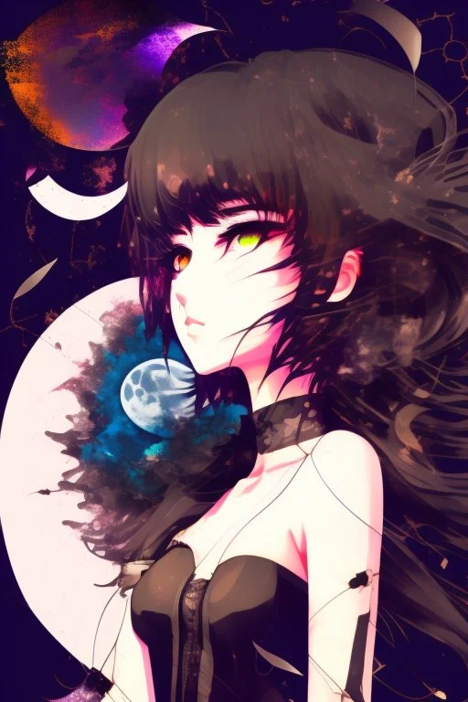 Explosive abstract collage style image of a beautiful anime girl, beautiful hair and features, dramatic, pieces of cloth material, textured moon in background, bob wire, gothic surroundings, textures