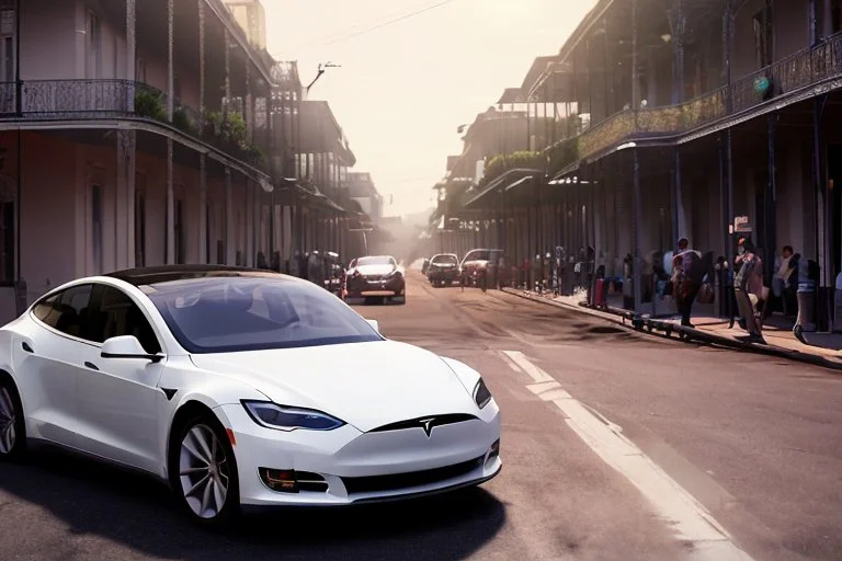 A Tesla 'Model S' is drifting at high speeds, on the streets of New Orleans. (CINEMATIC, WIDE ANGLE LENS, PHOTO REAL)