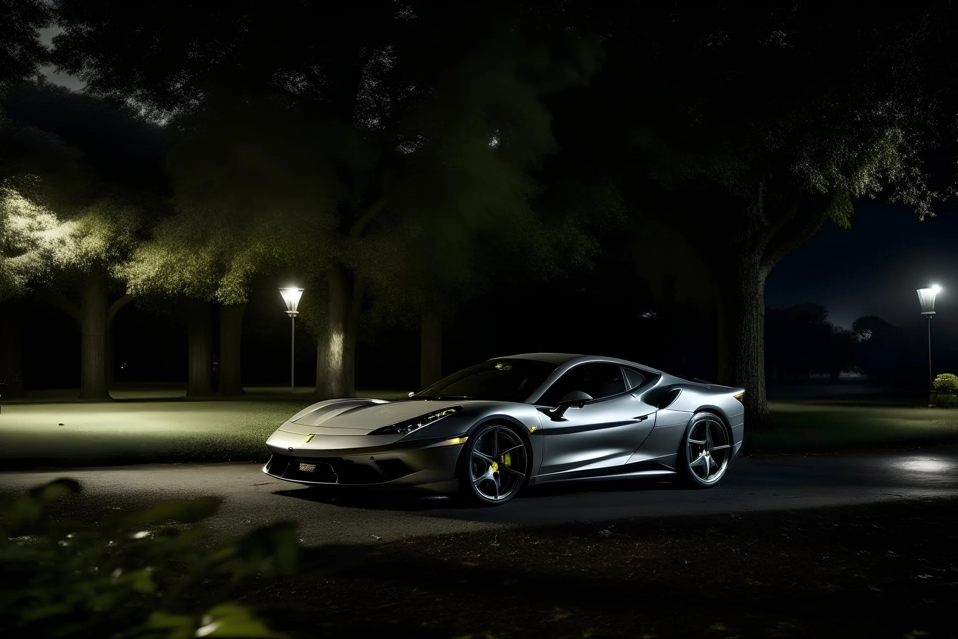 Ferrari silver 812 Fast, Beautiful gal, moonlight, trees calm ambience..