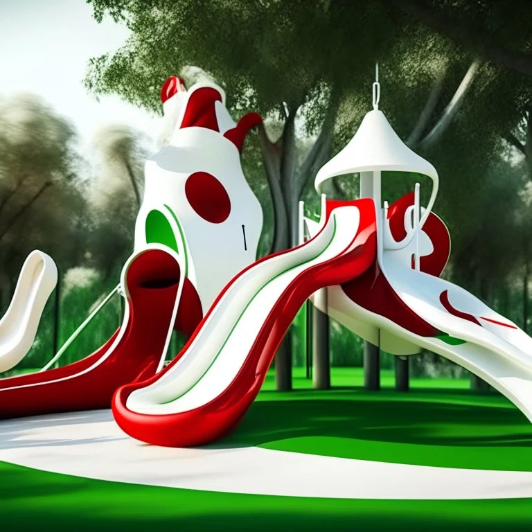 Perspectiva completa Parque infantil juegos columpios tobogán estilo Zaha Hadid obra de arte digital detallada color blanco crema y rojo imperial impactante árboles verde profundo niños personas foto realista arte Bauhoaus iluminación cinematografica 4k