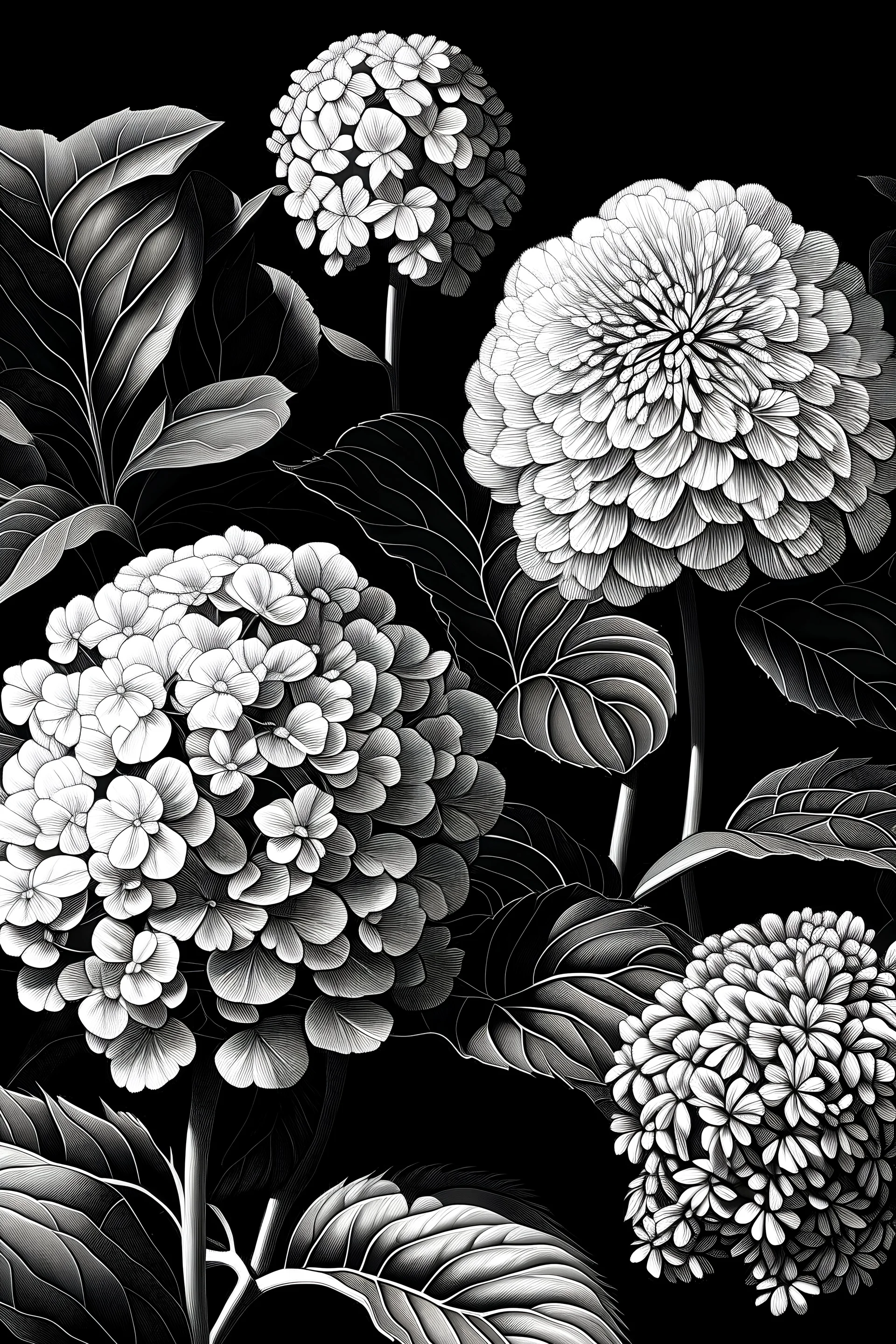 Hydrangea garden drawing black and white