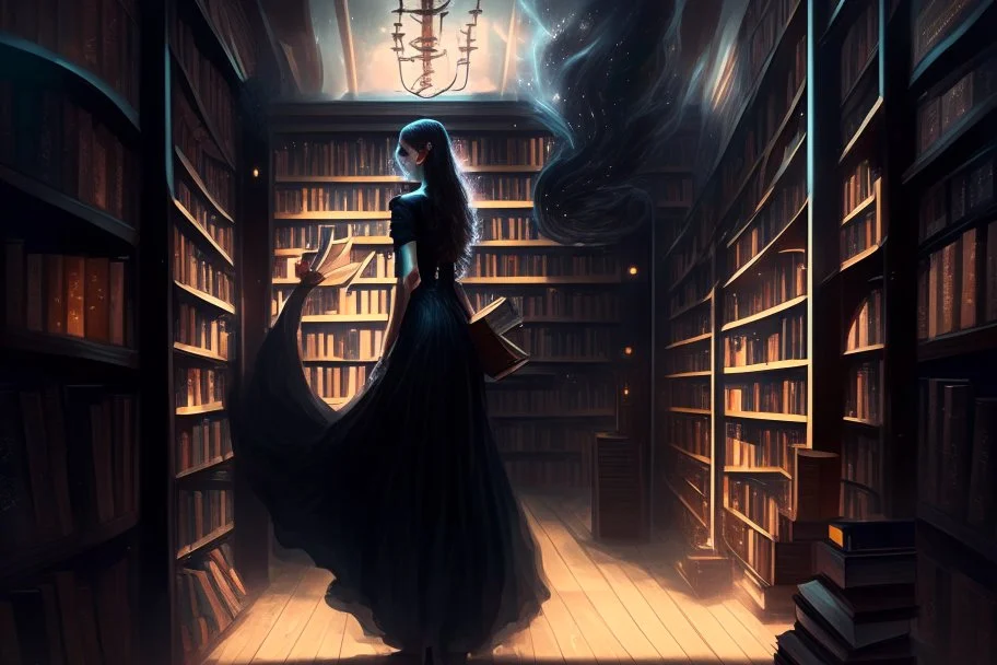 full-height shot of a woman in a tight black dress, inside a large magic book shop, shelving, lights, books, bottles, windows