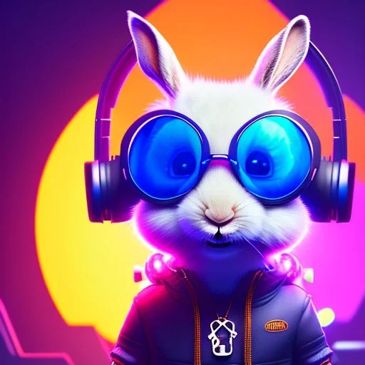 pixar style anamorphic cute smiling baby rabbit, smiling, cyberpunk headphone, sunglass, gangsta gold neckless, full body, magenta puffer jacket, manila city backdrop, dramatic lighting, hyper realistic, unreal engine 5, 16k