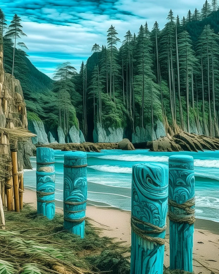 A blue beach near cliffs designed in pacific Northwest totem poles painted by Vincent van Gogh