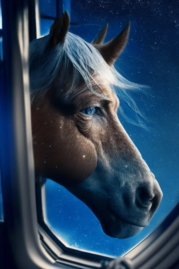 grandpa horse portrait with background star field seen in the window of a boat, 4 k, trending art, depth of field