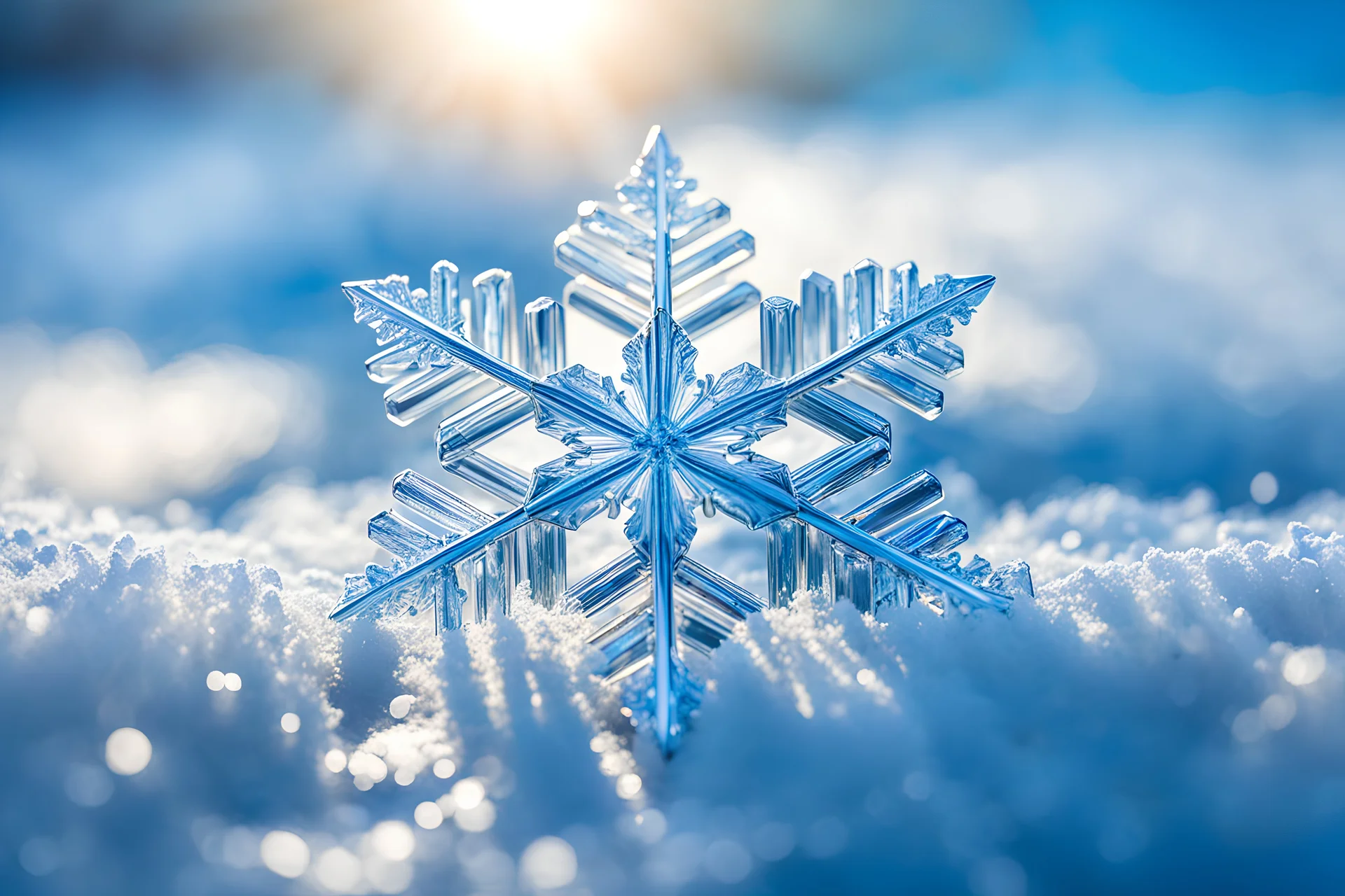 Beautiful enlighten entire cristal snowflake on the winter sunny morning ,blue sky, Miki Asai Macro photography, entire but close-up, hyper detailed, trending on artstation, sharp focus, studio photo, intricate details, highly detailed,