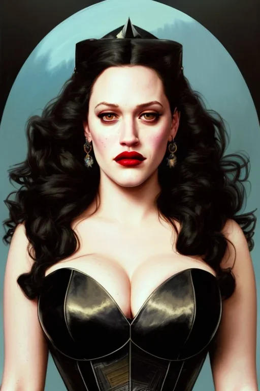 painting of kat dennings as evil queen in black leather gown, feminie, angry, stern look on her face, volouptous, busty, cleavage, emperious, mature, highly detailed, digital painting, artstation, concept art, smooth, sharp focus, illustration, art by gaston bussiere and alphonse mucha