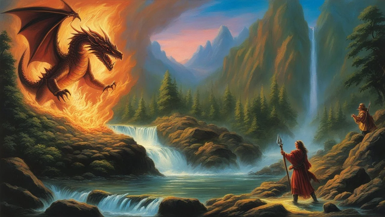 in a river there is a magic orb full of dragon fire. fantasy setting. . painted by Jeff Easley