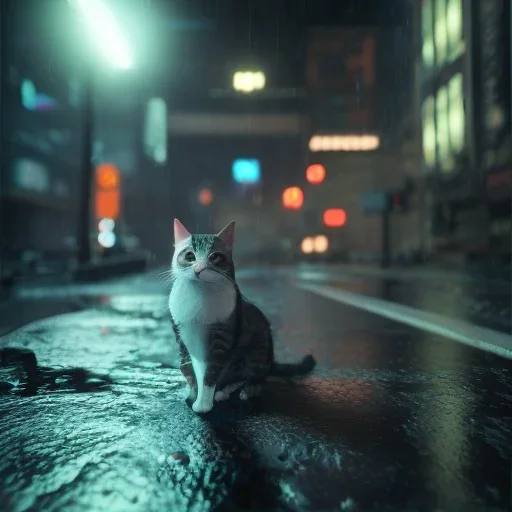 Cyberpunk,cat in night city on the rain unreal engine 5, octane render,cinema4d, dynamic lighting, 8k, redshift render, highly, hyperrealism ultra realistic, hyper realistic.