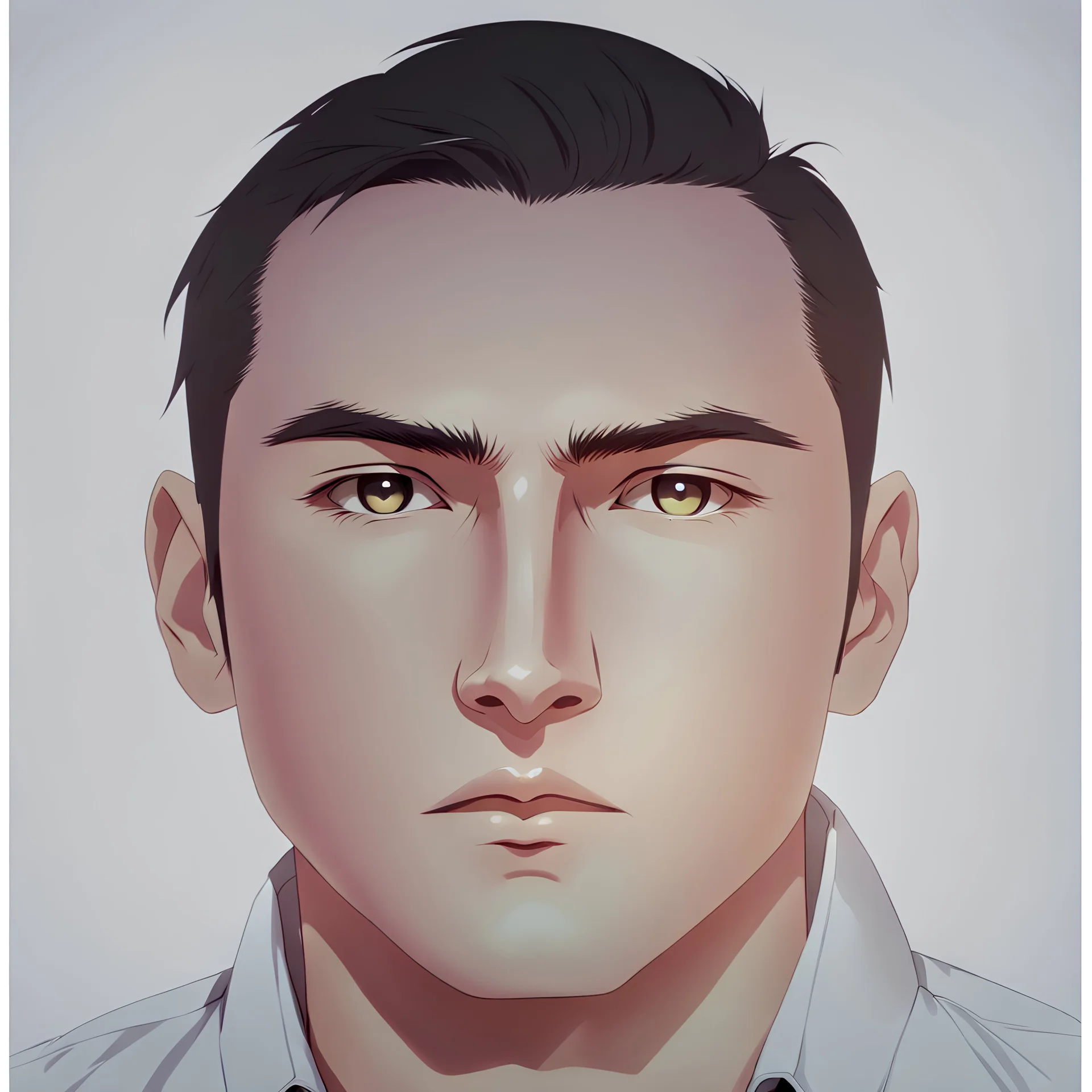 mysterious youthful Russan male, man, dark and intriguing, confident, intense, handsome, anime style, retroanime style, cool style, dark black short hairs, white shirt, white paint background, white man, brown eyes, middle lips, The head looks straight ahead