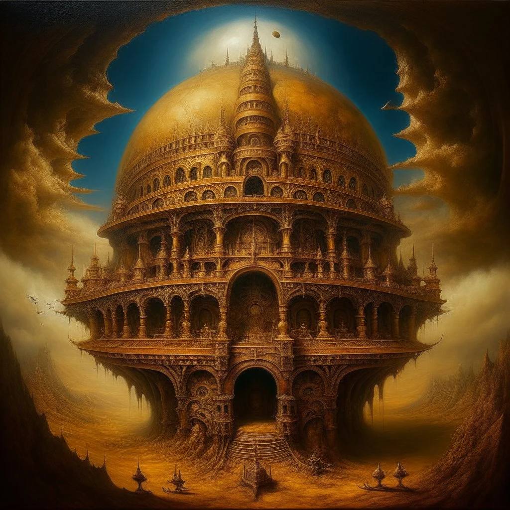 A dark golden mythical coliseum in the sky designed in Mayan architecture painted by Salvador Dali