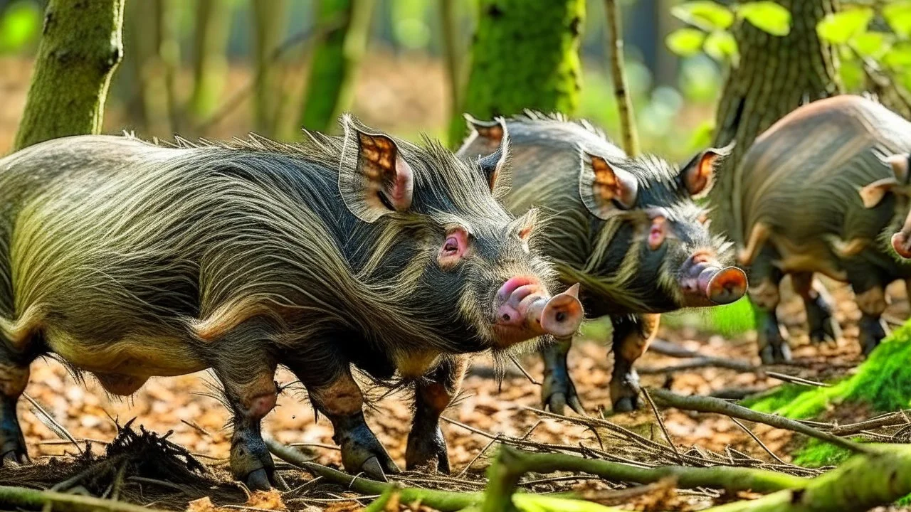 wild pigs with long tusks in woodland