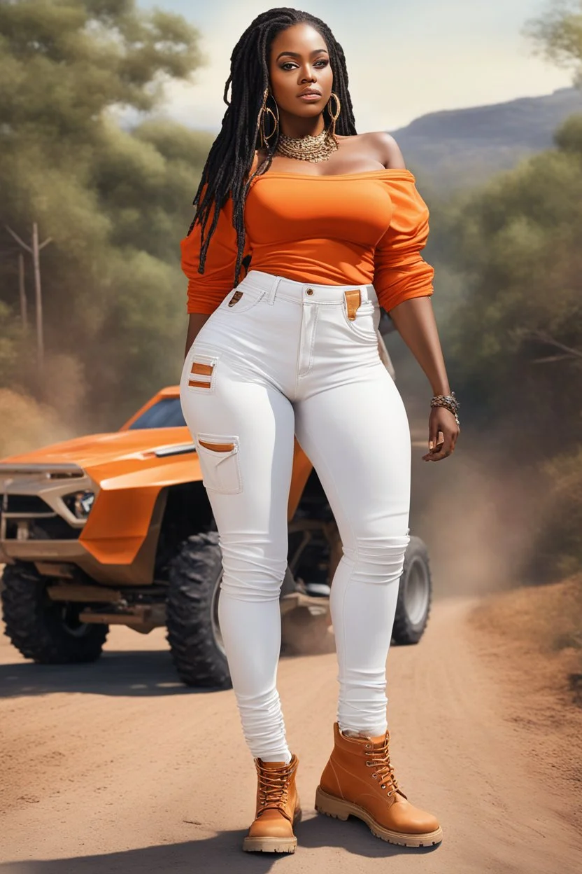 Create a watercolor image of a curvy African American female wearing tight white jeans and a off the shoulder orange blouse. She is also wearing timberland boots. Prominent make up with hazel eyes. Highly detailed very long extremely dread locs black hair. Her skin is smooth and silky. Background of a track of ATV riders.