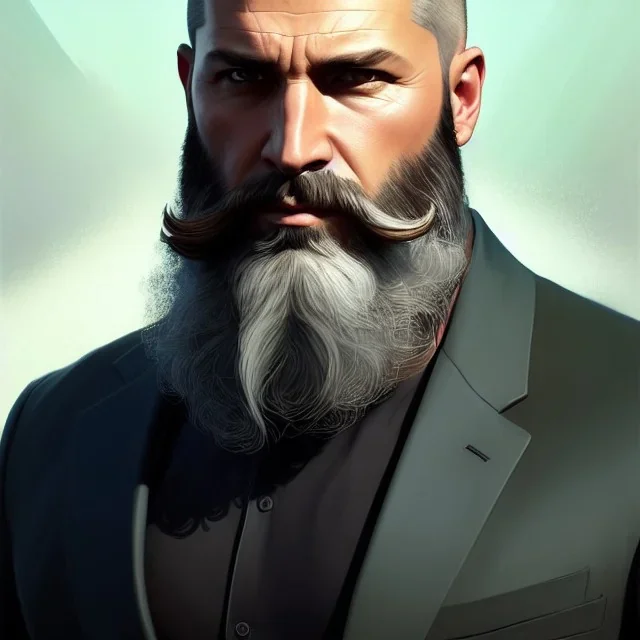 "MIddle aged white human male, with a trimmed but uneven beard, piercing green eyes with slick back hair,complete head and shoulders portrait, 8k resolution concept art portrait by Greg Rutkowski, Artgerm, WLOP, Alphonse Mucha dynamic lighting hyperdetailed intricately detailed Splash art trending on Artstation triadic colors Unreal Engine 5 volumetric lighting Splash art fantasy"