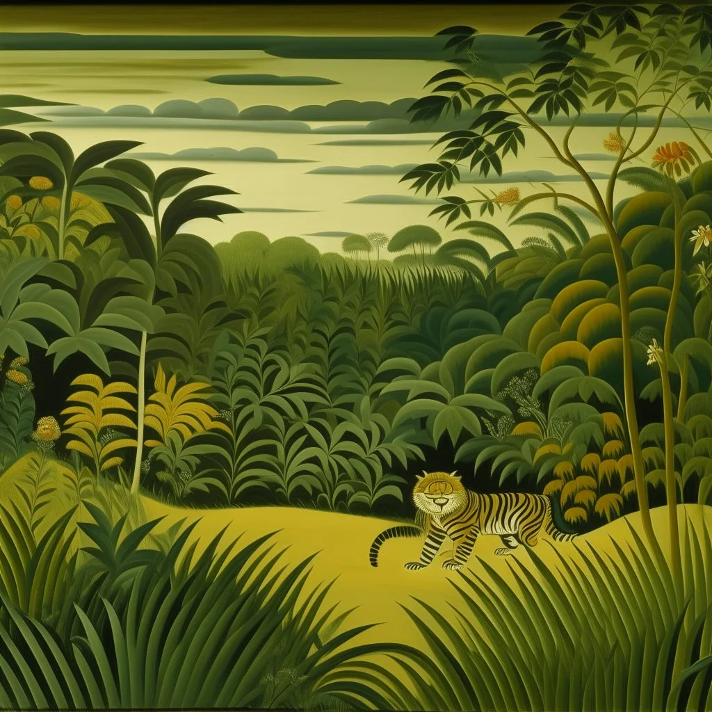 An olive green jungle with tigers painted by Henri Rousseau