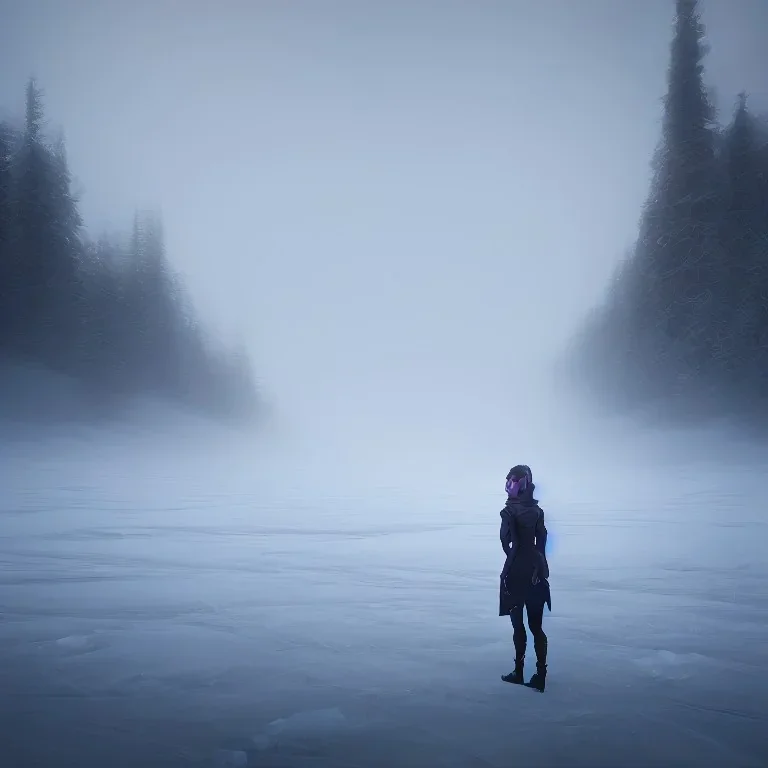 photograph, hyperreal, lost, feeling, person, biped, winter landscape, ice field, crystals, surreal, dreamlike, foggy