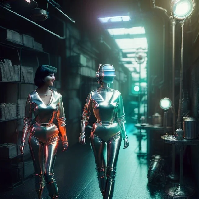 Ultra Realistic scene, retro futuristic style, 1960 fashion sci-fi. 2 cyber Women, shopping, smile, happy. highly detailed, concept art, unreal engine 5, ray tracing, RTX, lumen lighting, ultra detail, volumetric lighting, 3d, finely drawn, high definition, high resolution.