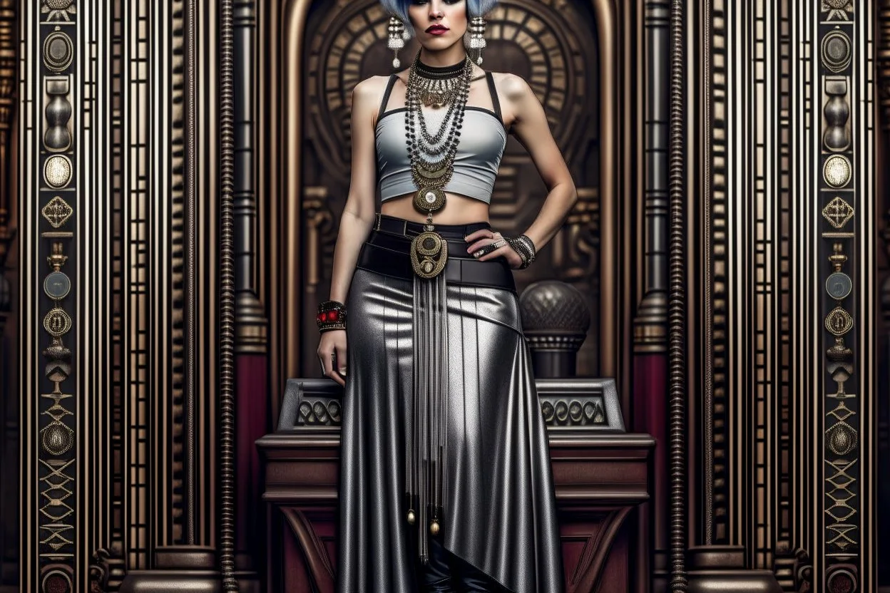 Creation: full body and headshot of a skinny Cleopatra, with a silver bob hairstyle, standing in a steampunk setting.