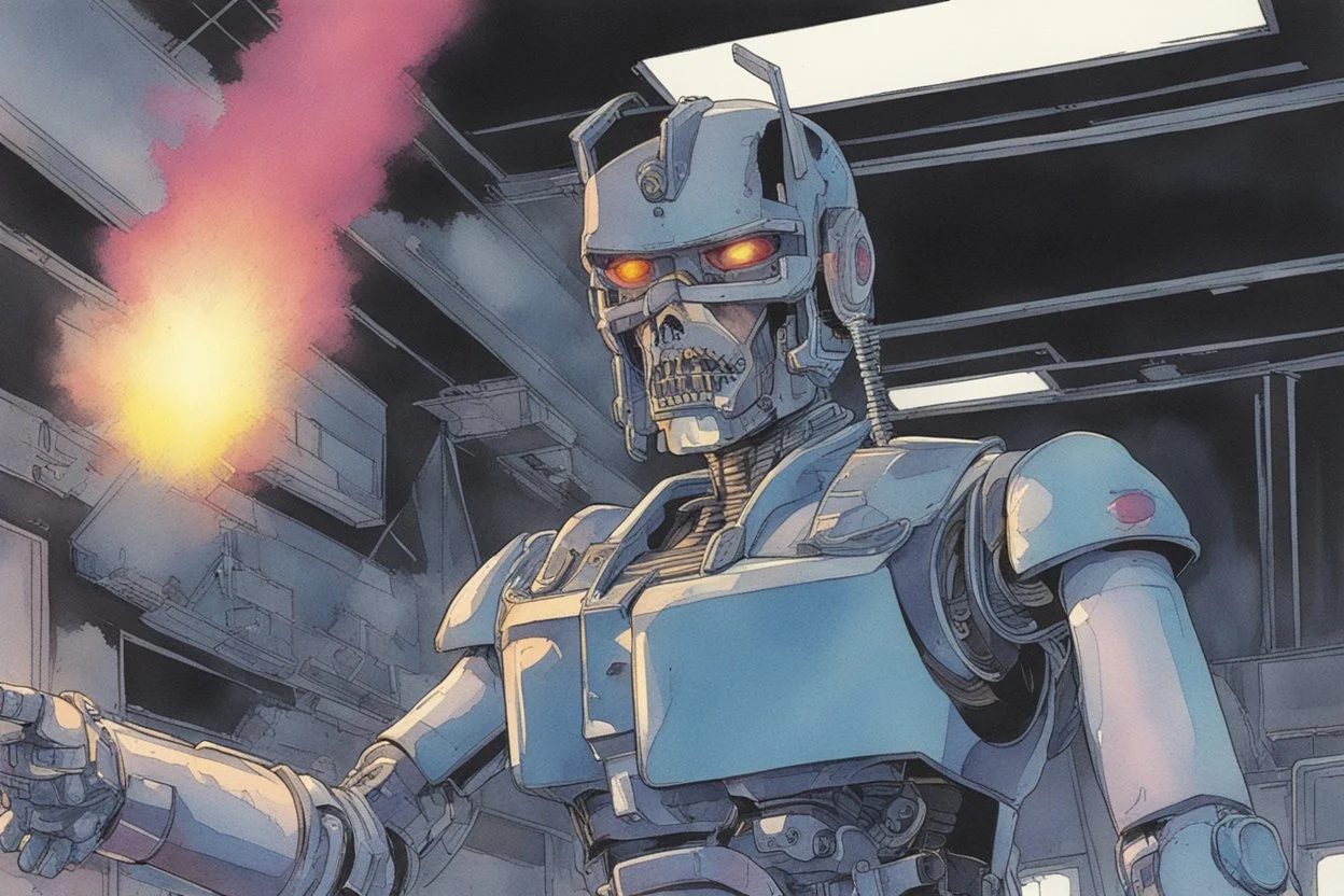 retro anime style, full color, dark serious 1980s anime terminator like robot, moebius artist, magic, watercolor,