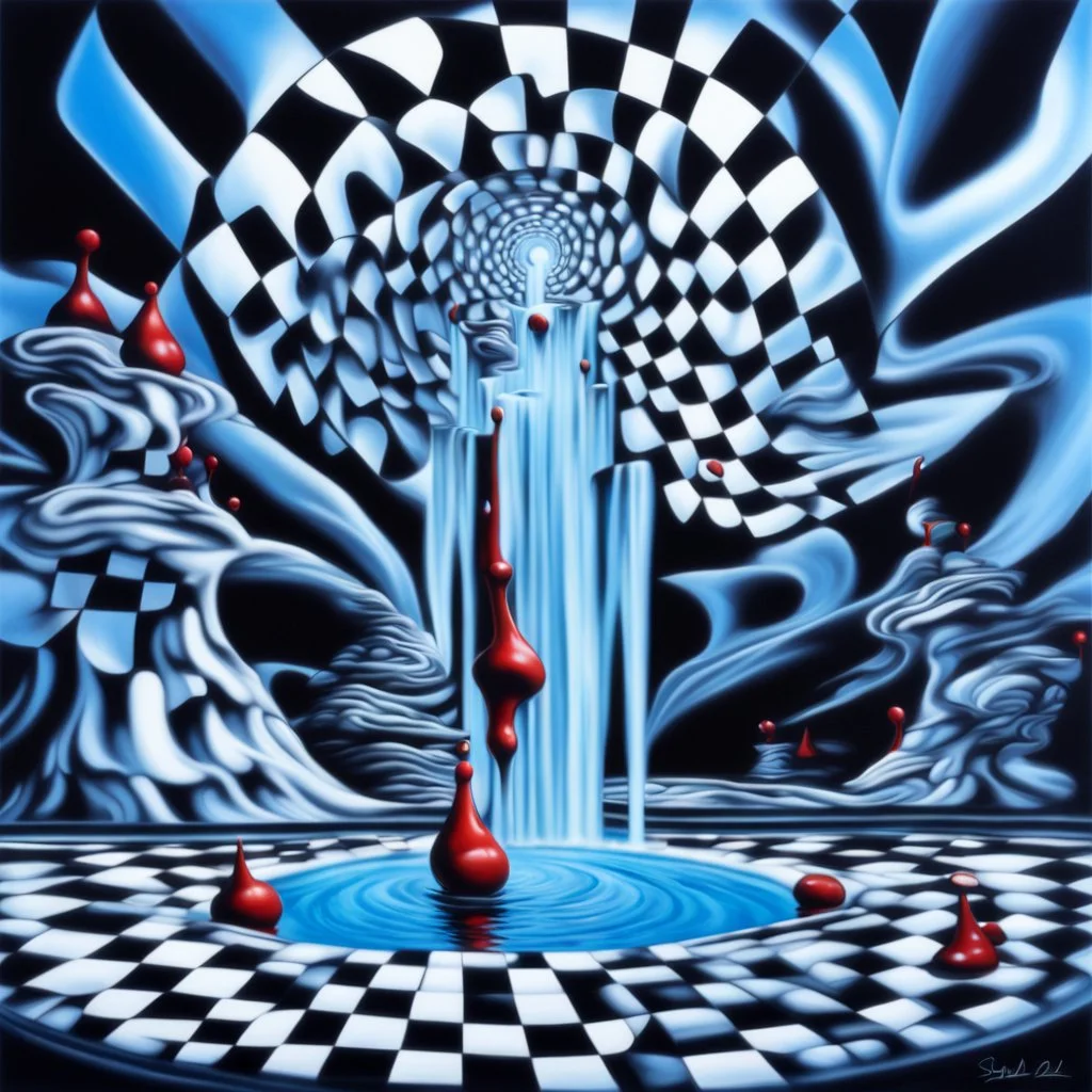 black and white optic art checkerboard design, hypersurreal fountain and waterfall, surreal, by Salvador Dali, Noir, matte oil painting, intricate detail, dramatic, volumetric lighting, vivid color scheme, red and crystal blue highlights, vortex art.