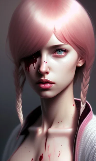 girl, cute, beautiful, pink hair, brown eyes, pigtails, bangs, knife in hand, blood on face, by Greg Rutkowski, big boobs, blazer, yandere