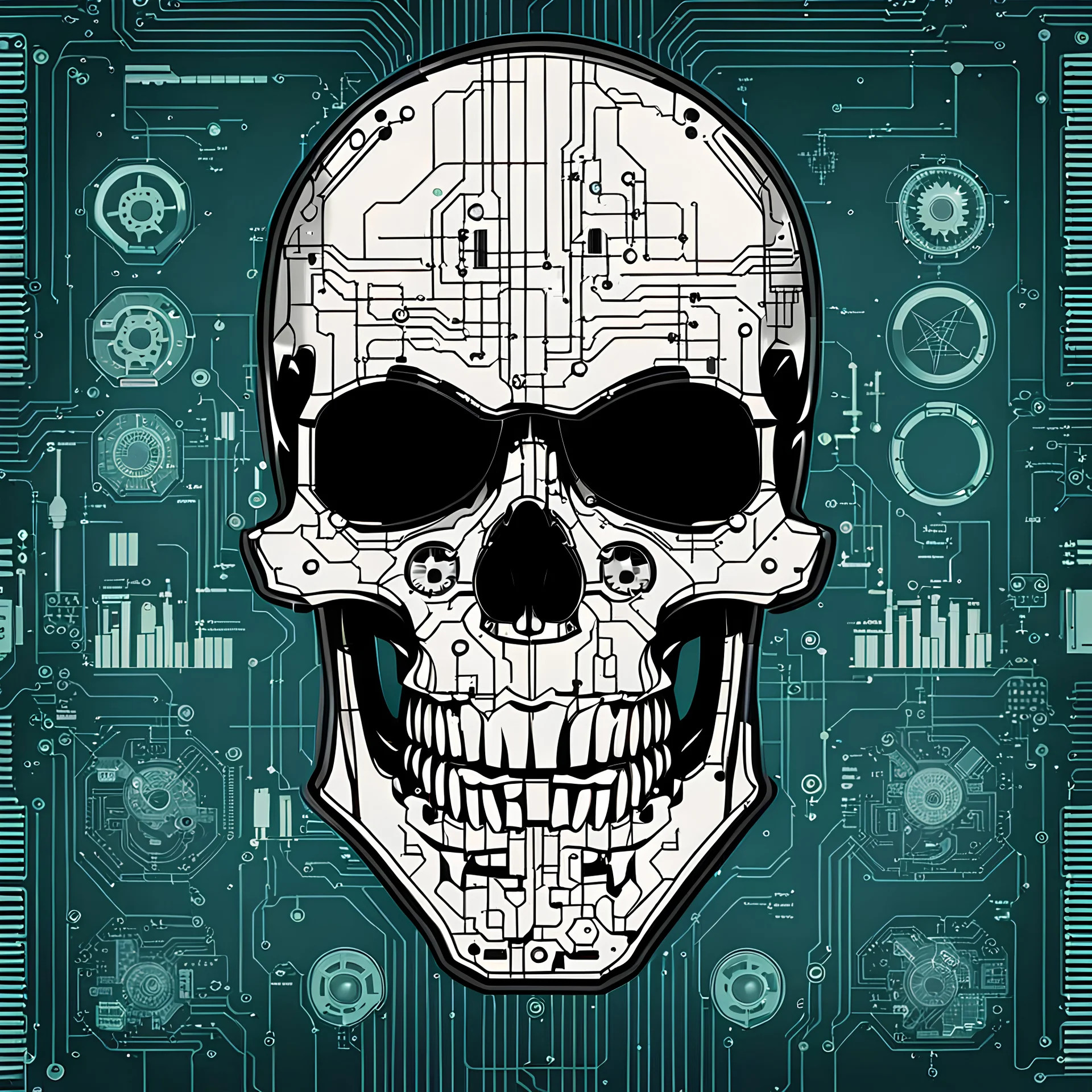 FLAT VECTOR LAYERED IMAGE OF CYBERNETIC SKULL PARTS IN A SCHEMATIC