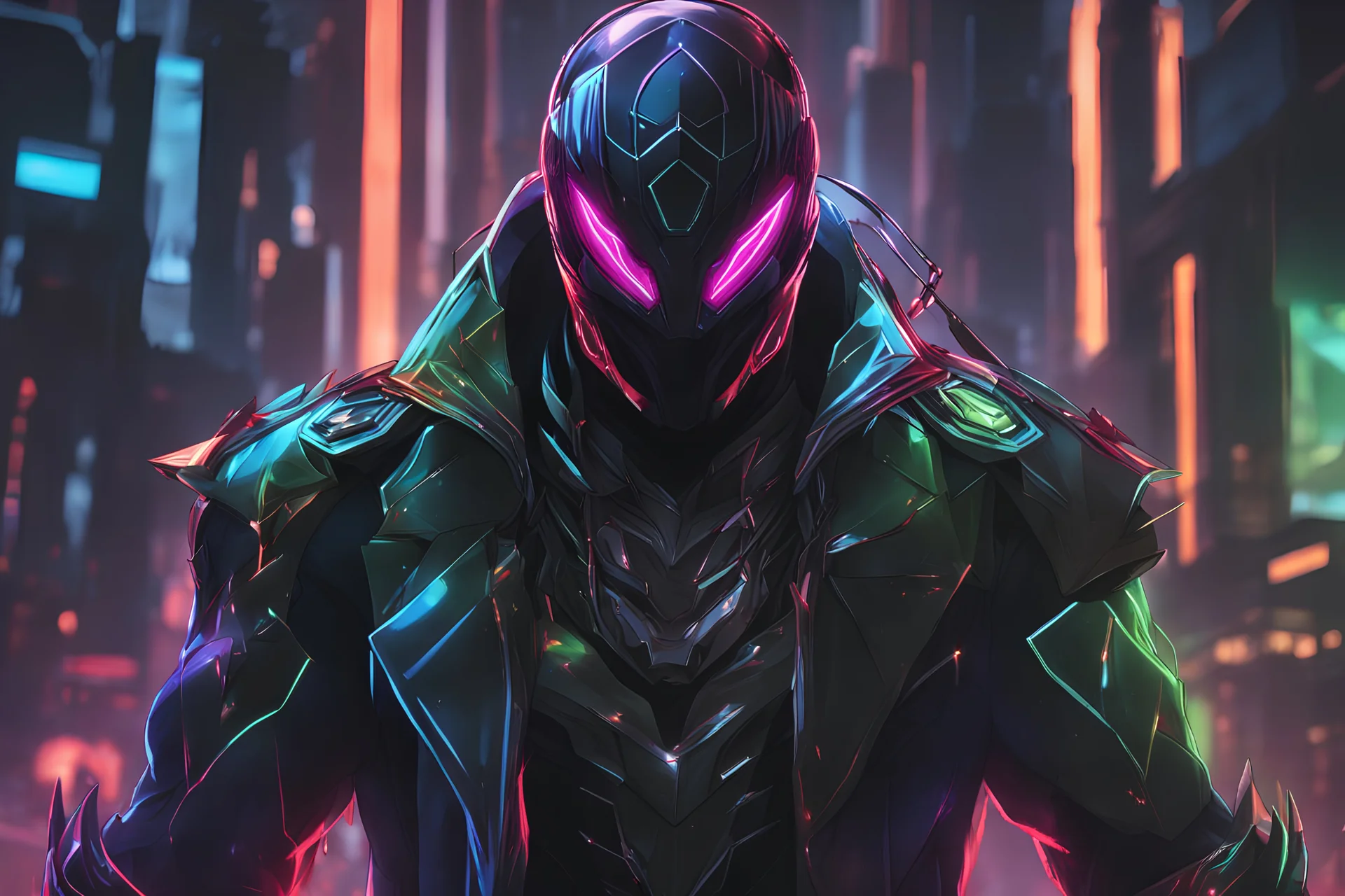Man with RGB cyber mask in 8k solo leveling shadow artstyle, Crystal and Symbiote them, neon effect , magic circle, close picture, full body, apocalypse, intricate details, highly detailed, high details, detailed portrait, masterpiece,ultra detailed, ultra quality
