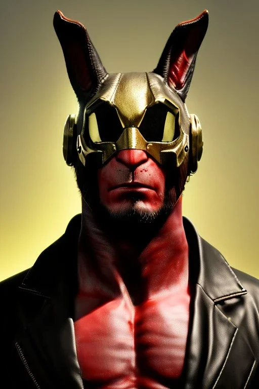 Medium Close Up Portrait, Front image. cyberpunk, rabbit mask helmet, strong man, gold hair. Leather suit. Black, red, color. Hellboy style. Color background, photo studio. Avatar image, highly detailed, concept art, smooth, unreal engine 5, ray tracing, RTX, lumen lighting, ultra detail, volumetric lighting, 3d, finely drawn, high definition, high resolution.