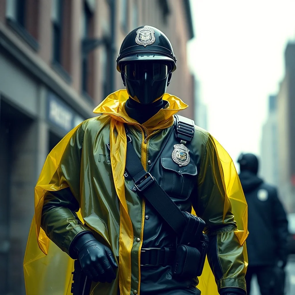 vintage, nypd full body color 1920 black policeman with exoskeleton wtih heavy yellow rain transparent coat