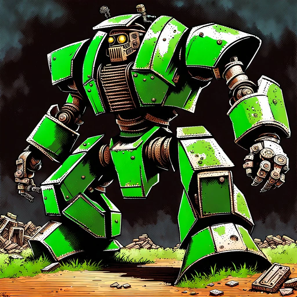 90's fantasy tcg art of a giant junk mech made of multiple parts in the ruins of a post apocalyptic green sludge junkyard