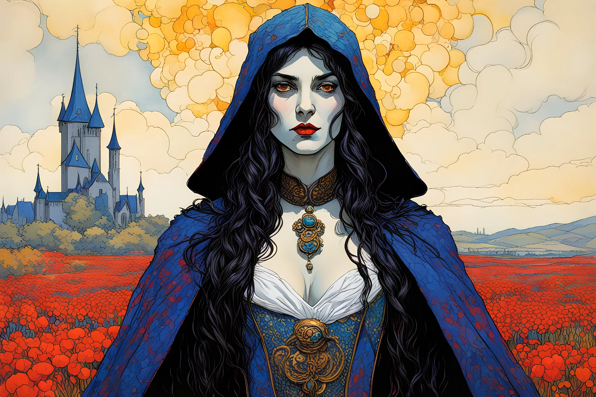 ink oil, full body portrait painting of a medieval vampire girl in the impressionist style of Childe Hassam, mixed with art nouveau, and abstract impressionism, and the comic art style of Jean-Giraud Moebius ,precise and sharply defined edges, in vibrant natural colors