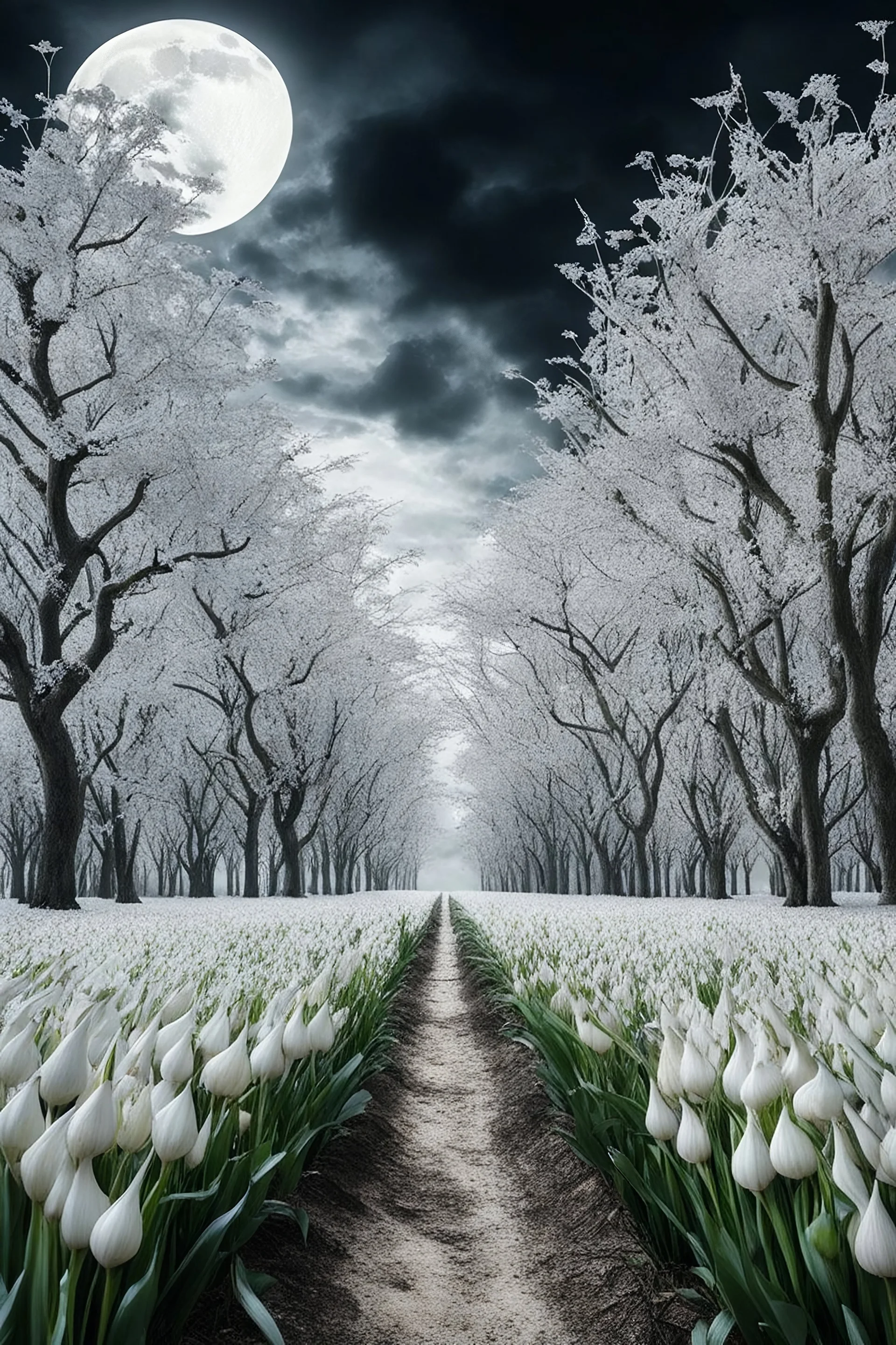 A trees of garlic in a white jungle and cloudy white sky’s Trees of garlic all in white colors Bosch nightmares style full moon in the background all in white